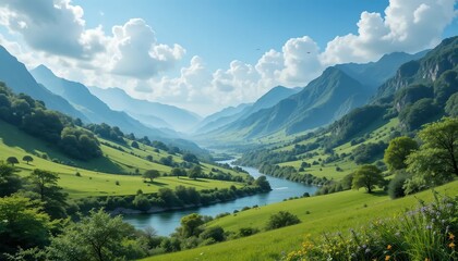 Serene Mountain Valley Landscape with River - Stunning Nature Scene