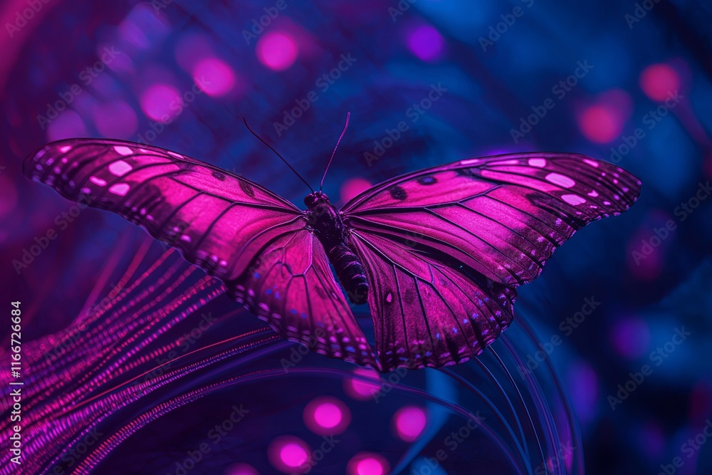 Poster a butterfly with surreal, glowing wings blending into a swirling abstract background