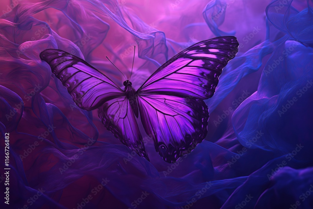 Poster a butterfly with surreal, glowing wings blending into a swirling abstract background