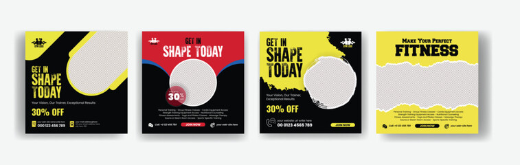 Editable Gym and Fitness social media post banner set, Sport and personal trainer ads, post bundle and 
Promotional advertising  collections with black and red background