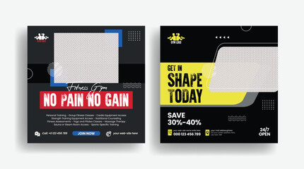 Gym and fitness social media posts banner, ads set or square flyer template, promotional ads design bundle