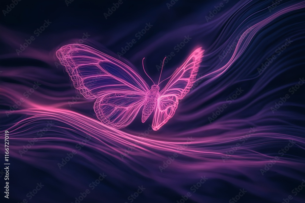 Poster a butterfly with surreal, glowing wings blending into a swirling abstract background