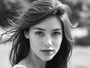 Naklejka premium Black and white portrait of a young woman outdoors, showing a relaxed expression and natural beauty, with moving hair, highlighting a serene and timeless atmosphere.