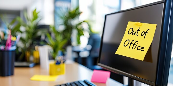 computer monitor with sticky note on it "Out of Office" 