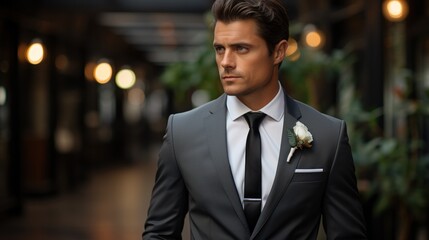 Fototapeta premium Elegant Man in a Gray Suit, B&W Photography