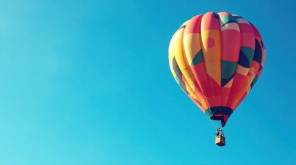 Obraz premium A vibrant hot air balloon ascends against a clear azure sky, showcasing a cheerful multicolored pattern and a rustic wicker basket.