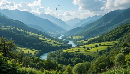 Serene Mountain Valley Landscape with River - Stunning Nature Scene