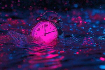 A clock melting into a glowing pool of vivid, swirling colors