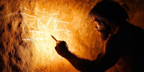 caveman drawing cave painting on cave wall