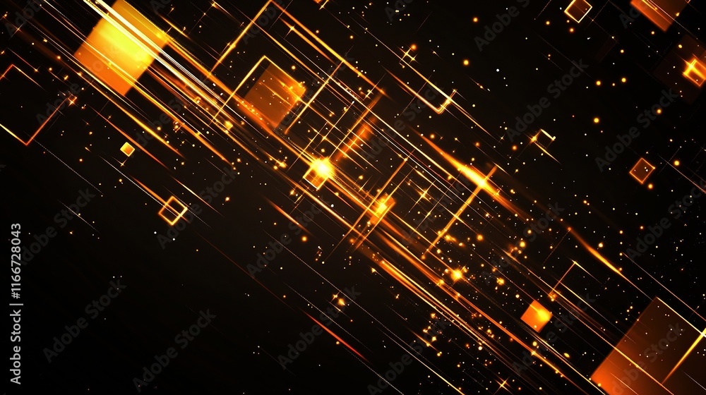 Poster glowing abstract digital lines and squares moving across a dark background