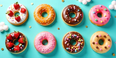 Obraz premium A delightful assortment of assorted sweet treats, featuring various colorful toppings and fresh strawberries, arranged on a vibrant teal background