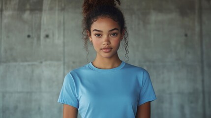 Stylish young female model stands confidently in a plain blue tee before a concrete backdrop