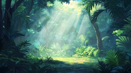 Obraz premium Luminous Jungle: Sunbeams Illuminate Lush Tropical Paradise
