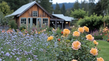 Serene Garden with Peach Roses and Rustic Cabin