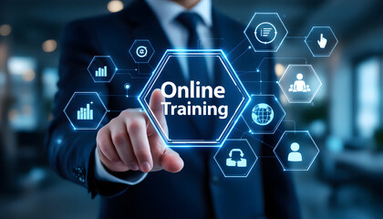 Online Training Concept, Man Interacting with Digital Interface, E-Learning and Online Education, Digital Training Platform, Digital Skills Development, Online Training and Global Reach