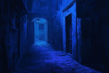 Obraz premium A deserted alleyway, painted in dark shadows and streaks of eerie, glowing blues
