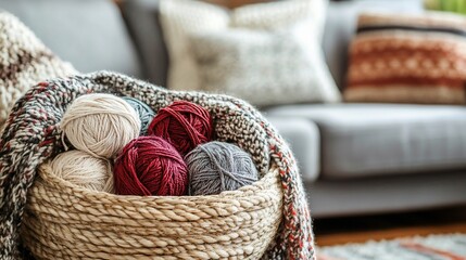 Obraz premium Cozy Winter Yarn Basket in a Living Room