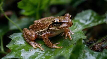Naklejka premium Spectacular Close-Up of a Tiny Frog Resting on a Lush Green Leaf in a Tropical Forest