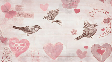 Obraz premium A digital art wallpaper of vintage Valentine's Day elements, including heart-shaped cards and birds in flight, set against an aged background with soft pastel pink hues. The design is elegant and roma