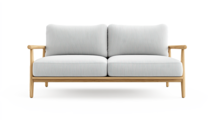 A white and blue striped sofa with wooden legs on transparent background