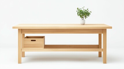 A wooden table with a white vase of a plant on it