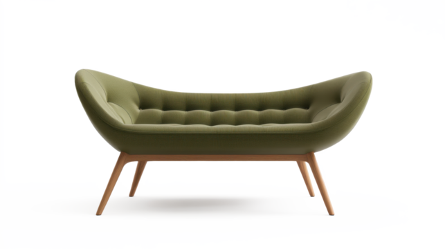 A green couch with a wooden frame on transparent background