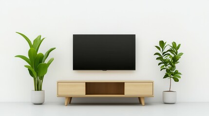 A television is mounted on the wall in front of a wooden entertainment center