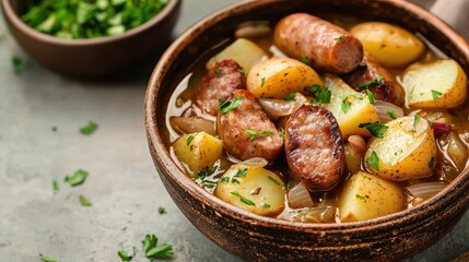 Traditional Dublin Coddle with Sausages and Potatoes in a Rustic Bowl