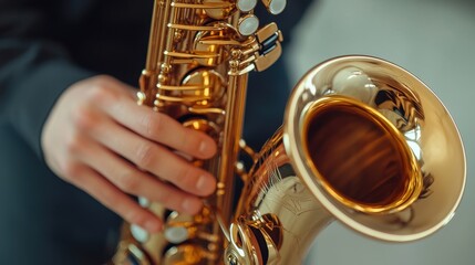 A close-up of a hand holding a shiny saxophone, showcasing its intricate design and golden finish.