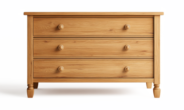 A wooden dresser with three drawers sits on a white background on transparent background - Powered by Adobe