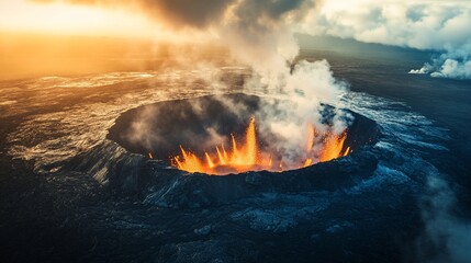 Fototapeta premium Aerial View of Erupting Volcano at Sunset: Fiery spectacle of nature's raw power.