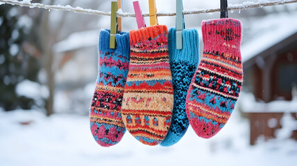 A close-up of colorful mittens hanging on a clothesline with a snowy background