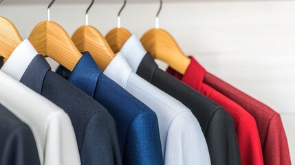Fototapeta premium A row of neatly hung dress shirts in various colors, showcasing a mix of styles and fabrics, ideal for professional or formal attire.