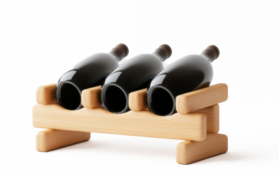 Three wine bottles are displayed on a wooden rack on transparent background
