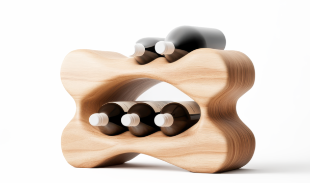 A wooden wine rack with six bottles of wine in it on transparent background - Powered by Adobe