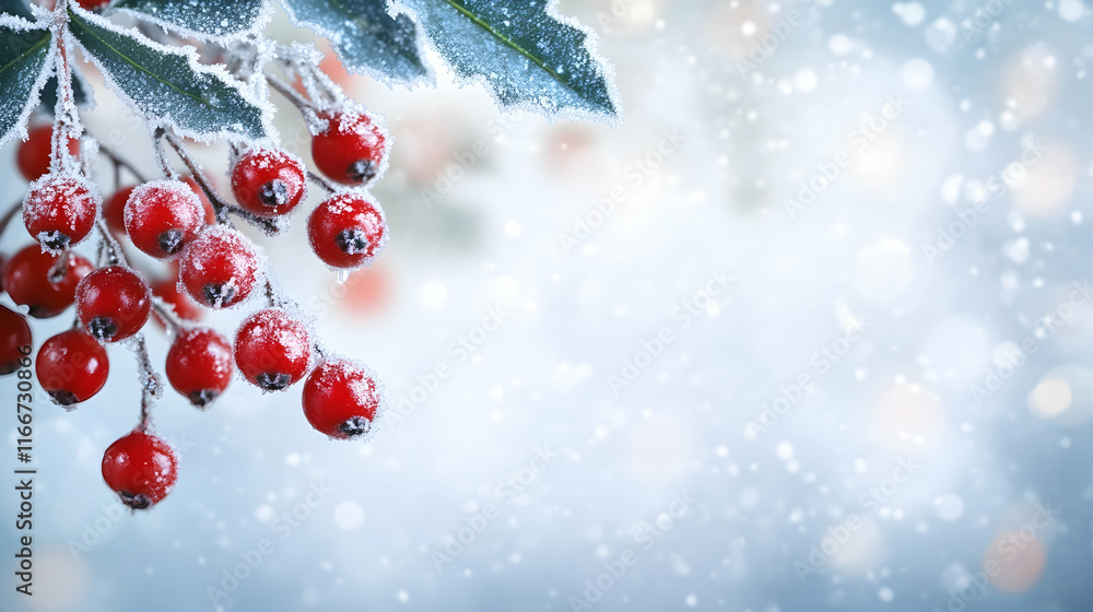 Poster a close-up of frost-covered red berries on a tree branch, with a soft focus snowy background