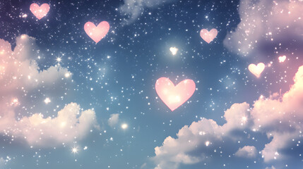 Sky full of pink hearts surrounded by white clouds and twinkling stars with soft blue background and floating particles for a dreamy Valentine's Day atmosphere
