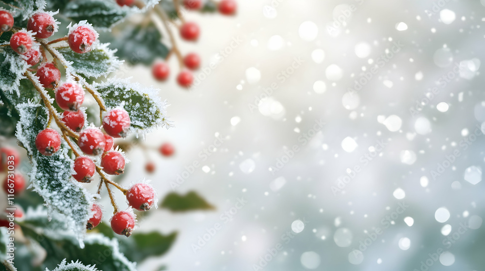 Poster a close-up of frost-covered red berries on a tree branch, with a soft focus snowy background