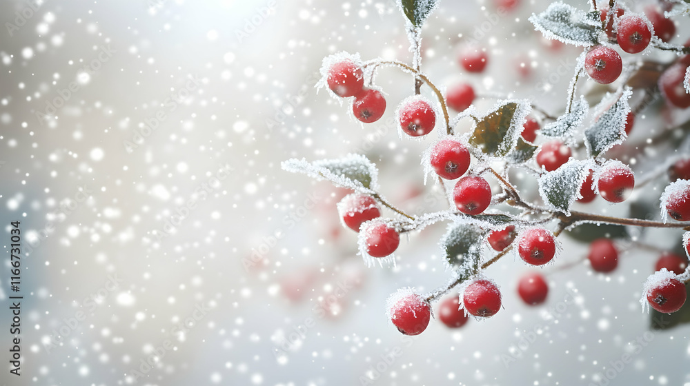 Poster a close-up of frost-covered red berries on a tree branch, with a soft focus snowy background