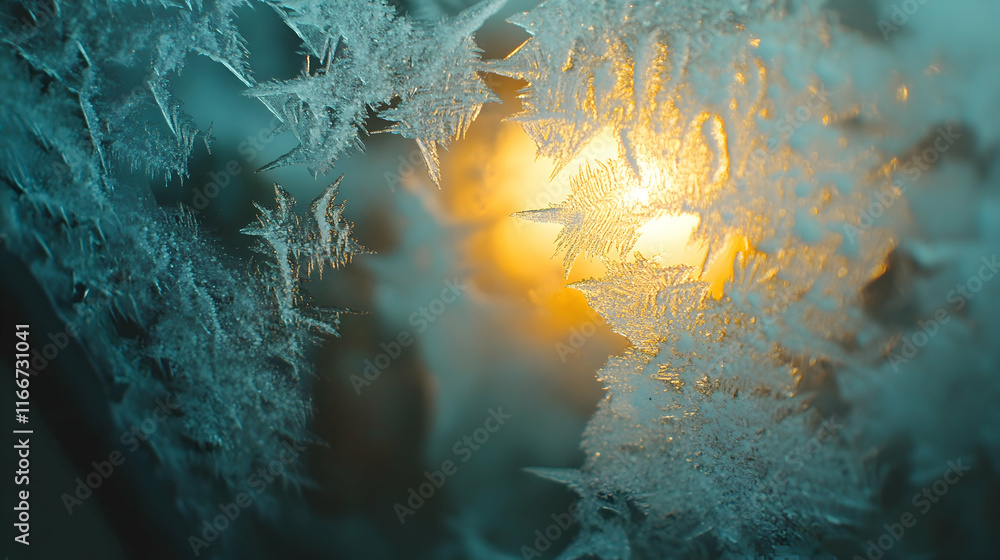 Poster a close-up of frost patterns on a glass window with a soft warm light glowing inside