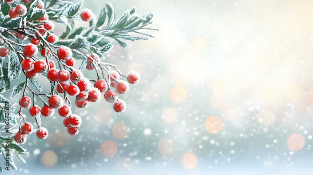 Poster a close-up of frost-covered red berries on a tree branch, with a soft focus snowy background