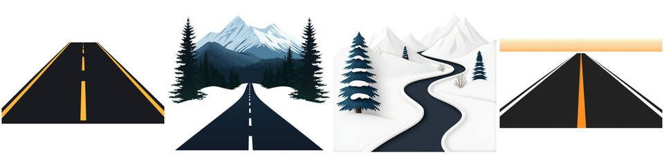 A series of stylized roads through various landscapes, including mountains, forests, and snowy scenes.