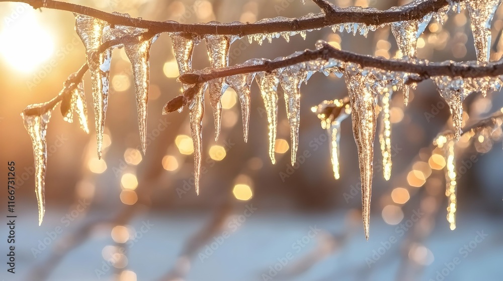 Poster a close-up of icicles hanging from tree branches with sunlight creating a sparkling effect