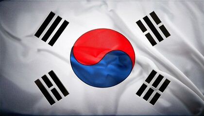 The South Korean flag with a red and blue Taeguk symbol and black trigrams, set on a plain white background.