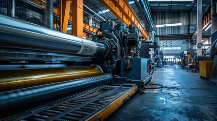A large and modern industrial factory with various machinery conveyor belts pipelines and equipment used for metal processing fabrication and manufacturing production