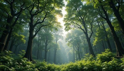 Obraz premium Enchanted Forest: Sunlit Path Through Lush Green Trees - Stock Photo