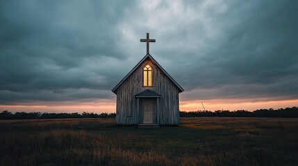 Serene Wooden Church Under Dramatic Sky at Twilight