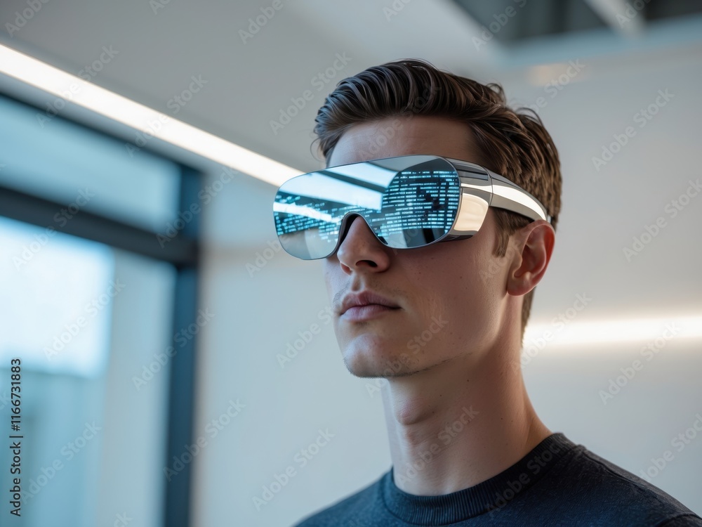 Poster innovative augmented reality glasses enhance user experience in a modern tech environment