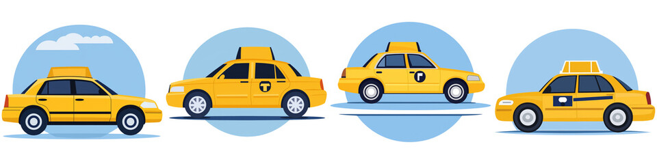 Obraz premium A series of yellow taxis displayed in various orientations, showcasing their distinct design and color.