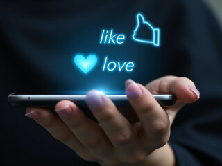 Hand holding phone with glowing "like" and "love" social media icons.